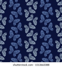 A seamless vector striped pattern with lacy butterlies in indigo blue colors. Surface print design.