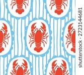 Seamless vector striped pattern. Mediterranean. Whimsical frames with lobsters