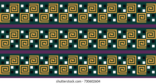 Seamless vector striped pattern. Retro seventies colors. Fashion textile print with greek design. Greece meander fabric background.