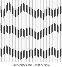 Seamless vector striped pattern. Sound wave. Music waveform. Regularly repeating stripes. Equalizer. Black lines isolated on white background. Vector illustration. Black and white vector pattern.