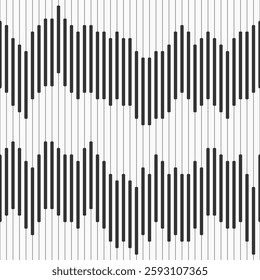 Seamless vector striped pattern. Sound wave. Music waveform. Regularly repeating stripes. Equalizer. Black lines and stripes isolated on white background. Black and white vector pattern.