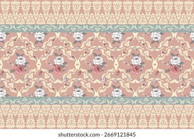 A seamless vector striped pattern in a vintage style. Features elegant roses and peonies on a background with classic Damask motifs and color-block borders. Perfect for home textiles and decorative