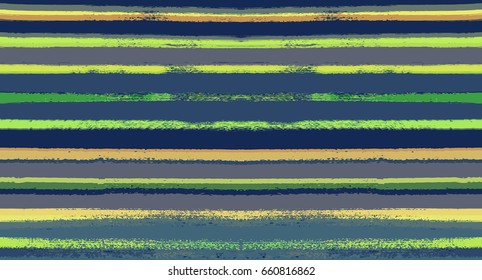 Seamless vector striped summer pattern. Green, blue, yellow, grey sailor stripes. Hipster paintbrush lines background. Hand painted ink brush strokes. Stylish retro vintage stripes for polo or T-shirt