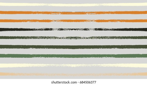 Seamless vector striped summer pattern. Brown, grey, ocher, green sailor stripes on white. Hipster paintbrush lines background. Hand painted brush strokes. Stylish retro vintage stripes for a T-shirt.