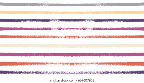 Seamless vector stripy summer pattern. Purple, pink, yellow, blue, orange sailor stripes. Modern trendy hipster paintbrush lines background. Hand painted brush strokes. Stylish retro vintage stripes.