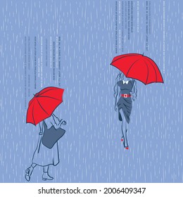 Seamless vector stylish pattern with fashionable girls under bright red umbrellas in the rain of proverbs and wise sayings.