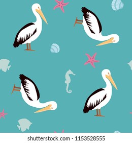 Seamless vector stylized illustration with pelicans and starfish, seashells and fish. For decoration of textiles, packaging and web design.