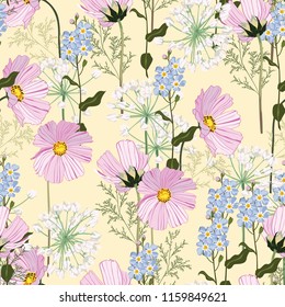 Seamless vector summer autumn pattern with flowers and herbs. Pattern for fashion, fabric and all prints on yellow background.