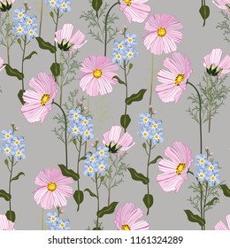 Seamless vector summer autumn pattern with pink and blue flowers. Pattern for fashion, fabric and all prints on green background.
