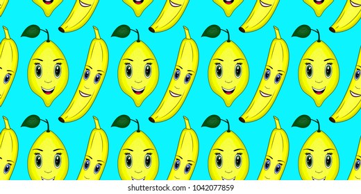 Seamless vector summer background. Blue, yellow. Seamless pattern from the images of bananas and lemons . Background for children, bright colorful background. Cartoon style, smiling, happy face. EPS10