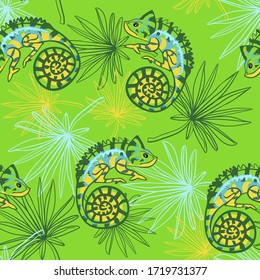 Fondo de verano vectorial sin inconvenientes. Chameleon. Imagen estilizada de un camaleón. Un patrón brillante.