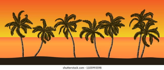 Seamless vector summer beach landscape with palm trees on orange sunset background.