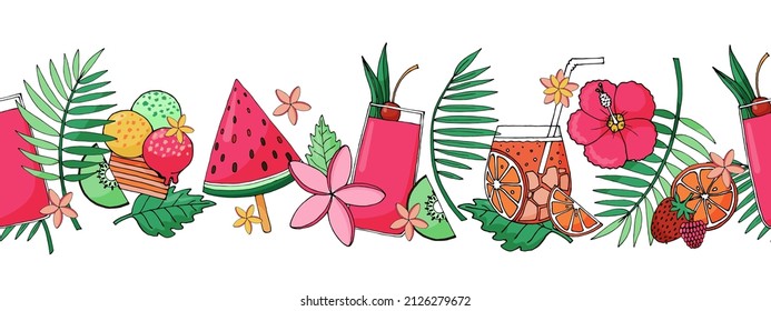 Seamless vector summer border with refreshing drinks and food. Watermelon popsicle, ice cream, fruit cocktail, strawberry, oranges, raspberry, palm branches and tropical flowers.