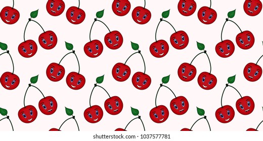 Seamless vector summer bright background. Seamless pattern from the image of a cherry. Background for children, bright colorful background. Cherry in cartoon style, smiling, happy face. Vector EPS10.