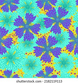 Seamless vector summer floral bright pattern with purple green and yellow big flowers