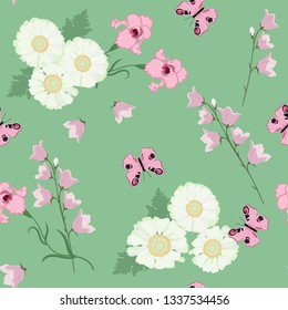 Seamless vector summer illustration with beautiful wildflowers and butterflies on a green background. For decorating textiles, packaging, web design.
