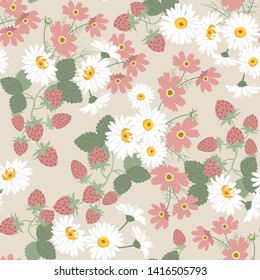 Seamless vector summer illustration with daisies and strawberries in pastel colors. For decoration of textiles, packaging, web design.