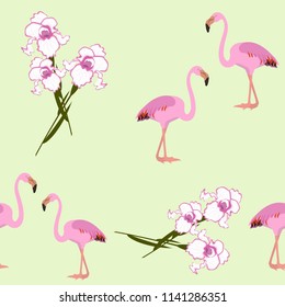 Seamless vector summer illustration with flamingos and iris flowers. For decoration of textiles, packaging and web design.