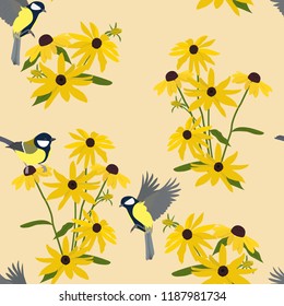 Seamless vector summer illustration with flowers of rudbeckia and tit mouse on a beige background. For decoration of textiles, packaging, cover, wallpaper.