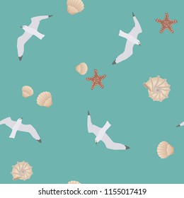 Seamless vector summer illustration with starfish, seashells and seagulls. For decoration of textiles, packaging and web design.