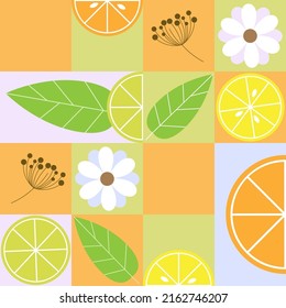 Seamless vector summer pattern with citrus slices, leaves and berries in abstract geometric style