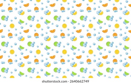 Seamless vector summer pattern with citrus fruits and ice cubes on transparent background.