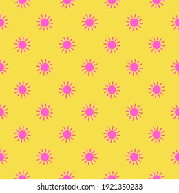 Seamless vector summer pattern.  Cute sunshine design with trendy geometric circle sun. Bright pink shapes on a yellow background. Perfect for fashion, textile design, home decor, and cute fabric.