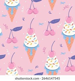 Seamless vector summer pattern with cute ice cream cones, cherries, bows, and confetti. Pastel girly background.