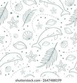 Seamless vector summer pattern with delicate linear dolphins, seashells, starfish, palm leaves and travel arrows. Perfect for vacation, beach products, textiles, and wrapping.