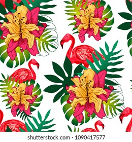 Seamless vector summer pattern with flamingo.