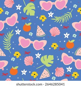 Motif harmonieux d'Image vectorielle d'été avec des fruits, des lunettes de soleil, des mandarines, des agrumes, des feuilles de palmier, des coquillages, des fleurs et des arcs. Joli arrière-plan tropical féminin.