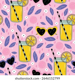 Seamless vector summer pattern with funky lemonade, citrus fruits, sunglasses, lemons, tangerines, and flowers. Bright playful background.