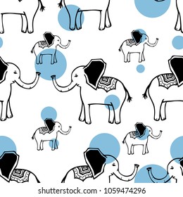 Seamless vector summer pattern of hand drawn ink elephants on white background with blue circles. Fashion, wallpaper, journaling, logo, design, brand concept