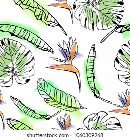 Seamless vector summer pattern of hand drawn ink tropical exotic flowers and banana leaves on watercolor background. Fashion, pattern, journaling, logo, design, brand concept