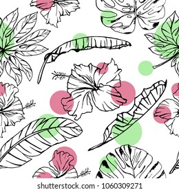 Seamless vector summer pattern of hand drawn ink tropical hibiscus flowers and banana leaves on white background with colorful circles. Fashion, pattern, journaling, logo, design, brand concept