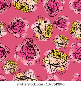 Seamless vector summer pattern of hand drawn ink roses on watercolor background. Fashion, pattern, journaling, logo, design, brand concept