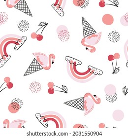 Seamless vector summer pattern with ice cream flamingo and rainbows. Fashion print