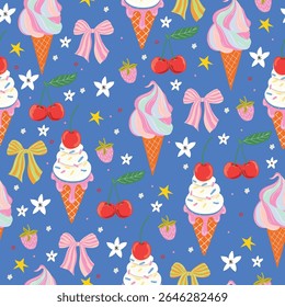 Seamless vector summer pattern with ice cream cones, strawberries, cherries, bows, flowers, and stars. Cute girly pastel background.