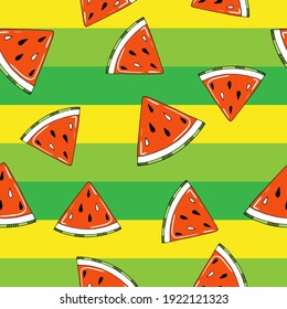 Seamless vector summer pattern with slices of juicy red watermelon on a multicolored yellow and green background. Funny hand drawn doodle style exotic tropical fruits in cute print for textiles