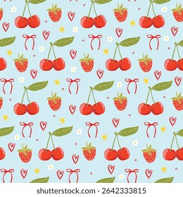 Seamless vector summer pattern with strawberries, cherries, flowers, bows, and hearts. Pastel blue cute girly background.