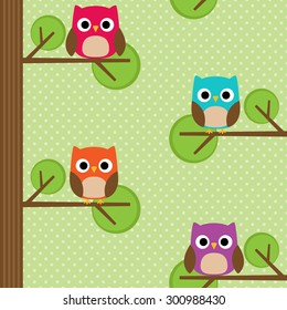Seamless vector summer pattern with tree and owl sitting on branches