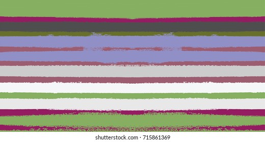 Seamless Vector Summer Pattern. Watercolor Sailor Stripes. Hipster Vintage Retro Textured Lines. Stripy Textile Background. Autumn Seamless Hand Painted Stripes in Green, Purple, Grey, Magenta, White.