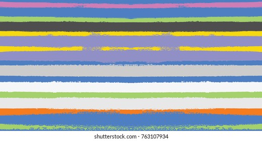 Seamless Vector Summer Pattern. Watercolor Sailor Stripes. Hipster Vintage Retro Textured Lines. Stripy Textile Background. Autumn Seamless Hand Painted Stripes in Pink, Blue, Yellow, Orange, Purple.