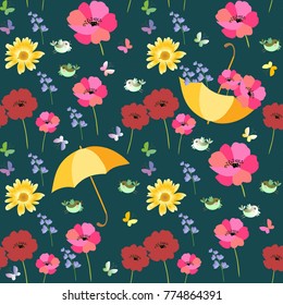 Seamless vector summer pattern with yellow umbrellas, red and pink poppies, green birds and multicolor butterflies isolated on dark background. Fashionable print for fabric.