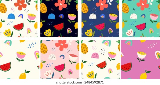 Seamless vector summer patterns with fruits and rainbows. Fruits bright background.