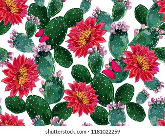 Seamless vector summer tropical pattern background with blooming cactuses,succulents, butterflies. Perfect for wallpapers, web page backgrounds, surface textures,textile. Isolated on white background