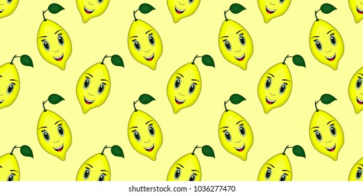 Seamless vector summer yellow background. Seamless pattern from the images of lemons. Background for children, bright colorful background. Lemon in cartoon style, smiling, happy face EPS10