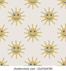 Seamless vector Sun pattern. Illustration of Sun with face. Background for design, fabric, textile, cover, wrapping.