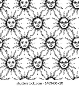 Seamless vector Sun pattern. Thin line medieval illustration of Sun with face. Astrology 10 eps background for design, fabric, textile, cover, wrapping.