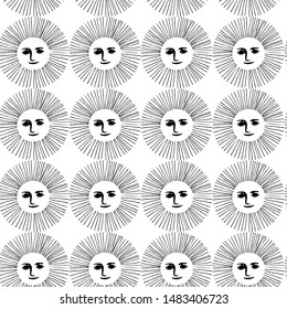 Seamless vector Sun pattern. Thin line medieval illustration of Sun with face. Astrology 10 eps background for design, fabric, textile, cover, wrapping.